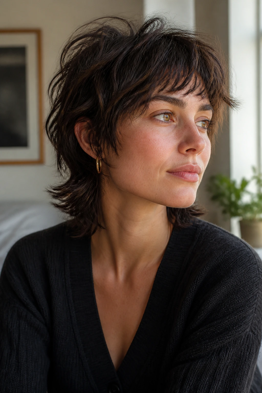 Portrait of a person showing a textured short shag hairstyle