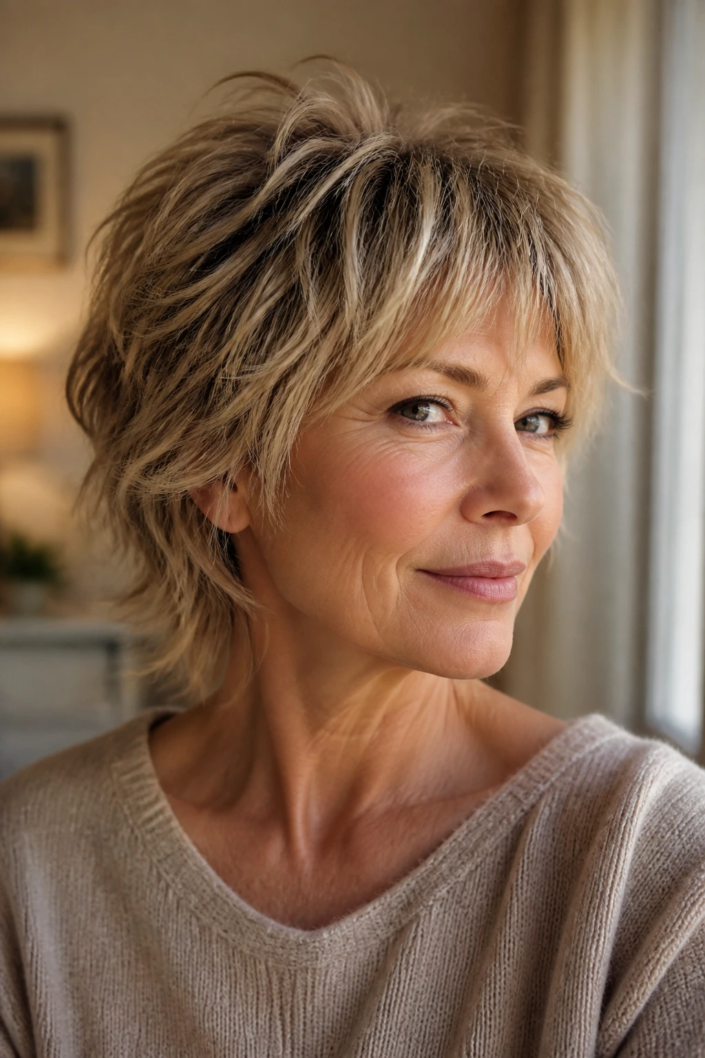 Close-up portrait of a real woman with a short choppy shag, crown lift and textured ends lit by window light