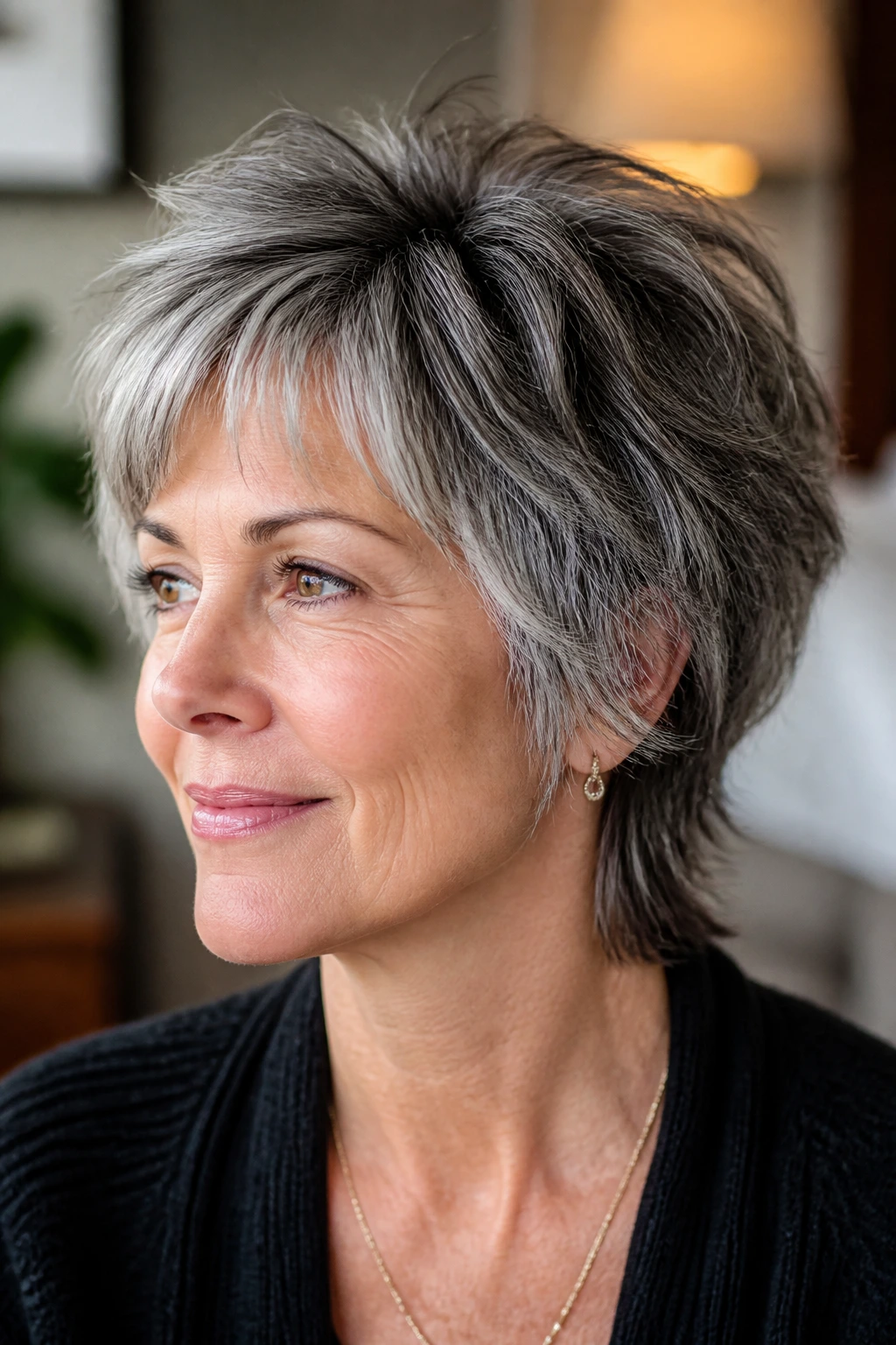 Real woman with short shag haircut showing controlled texture