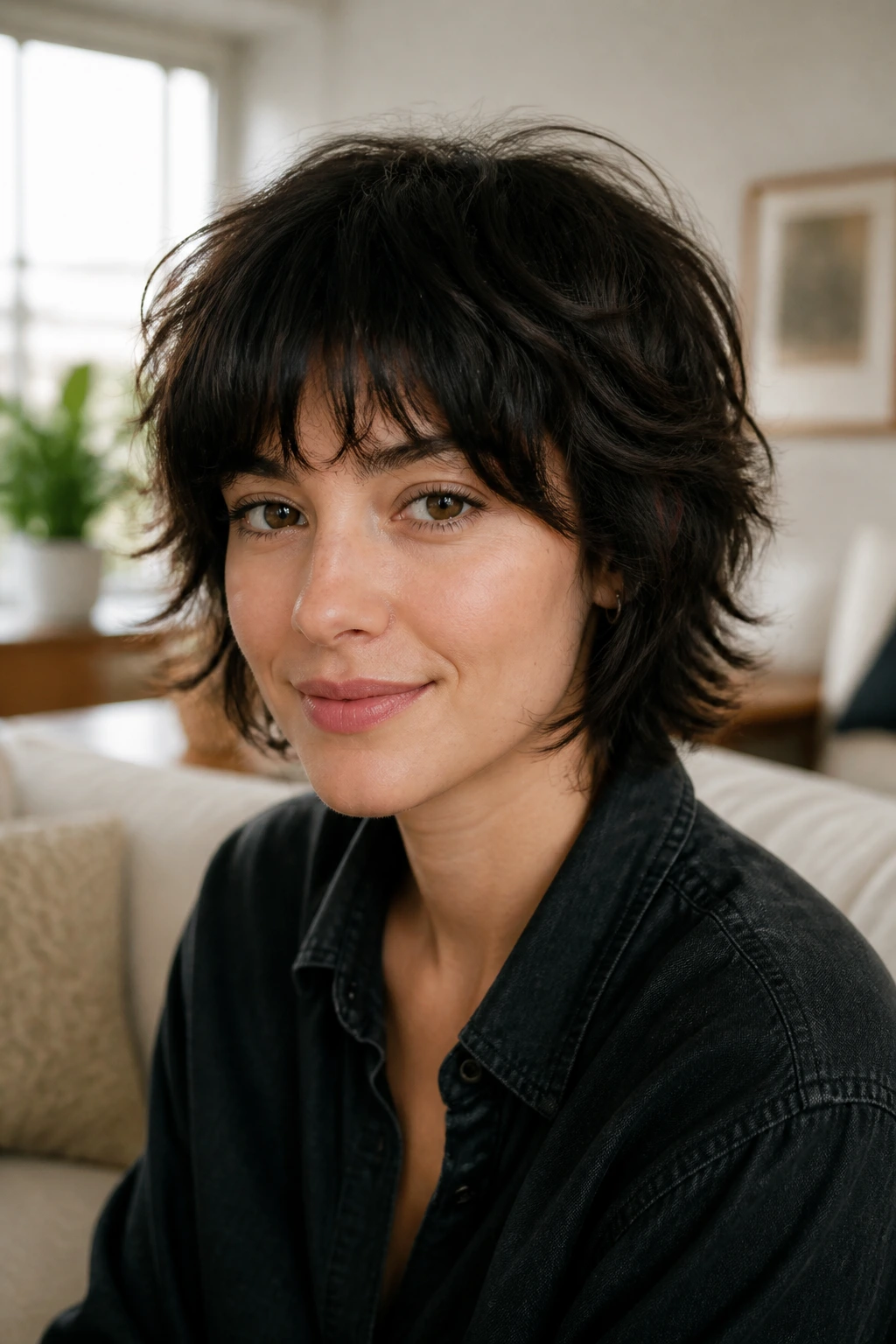 Portrait of a real person with a short shag and thick hair, close-up