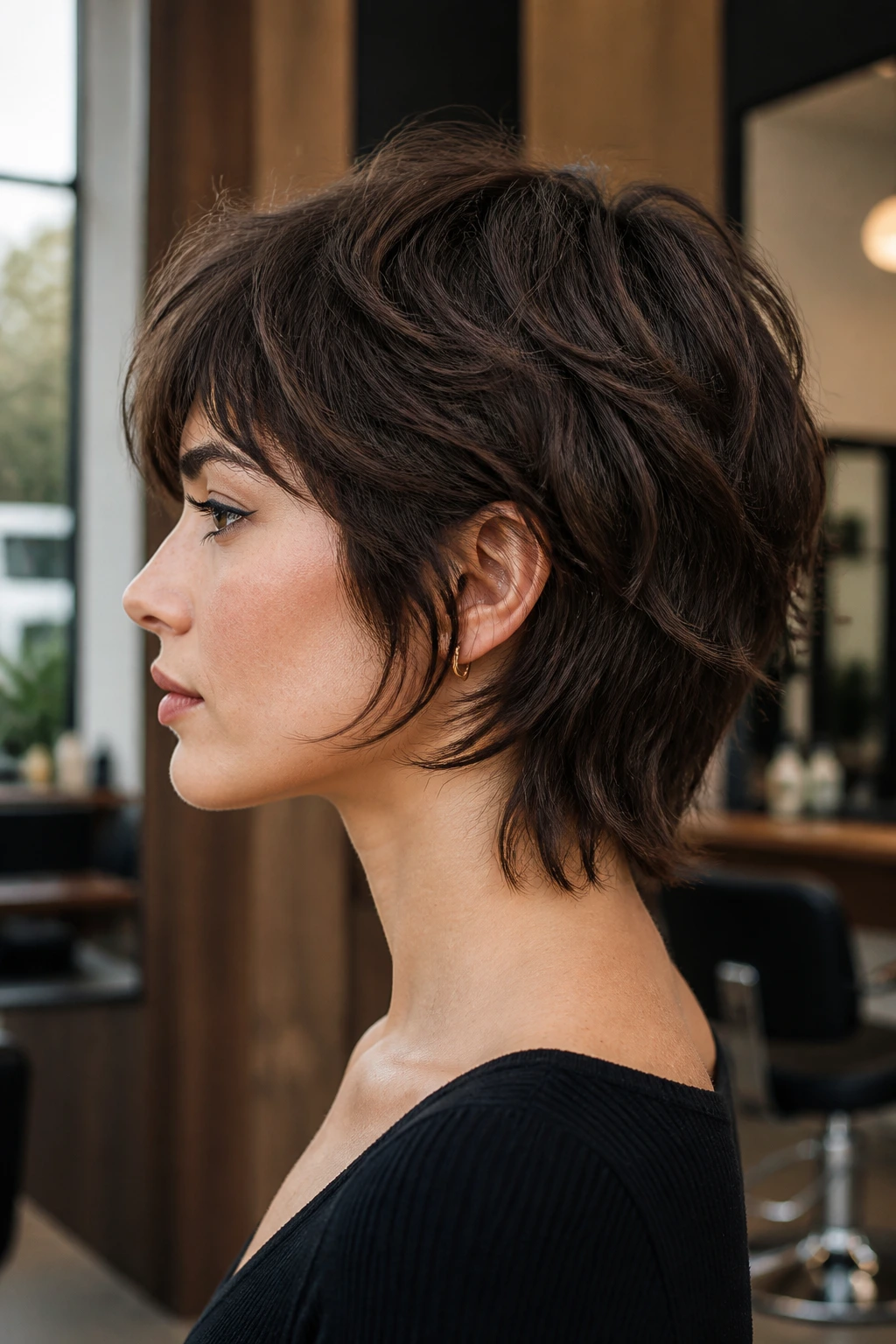 Close-up of a real person with a short layered shag on thick hair in a stylish salon.