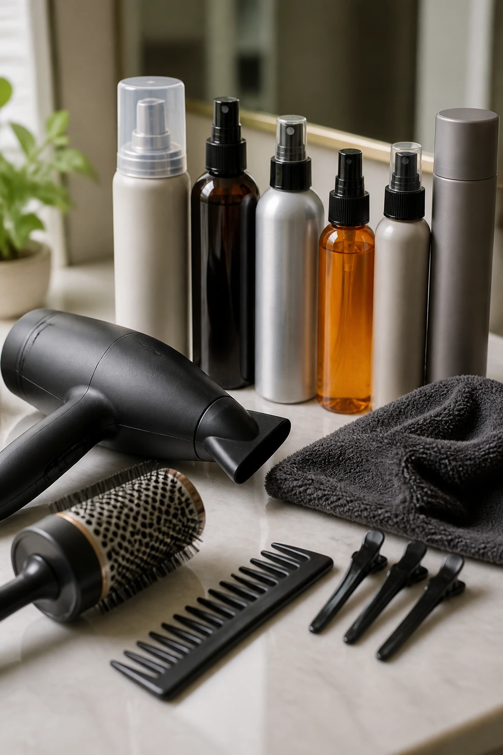Close-up of essential short shag styling tools and products on a bathroom counter