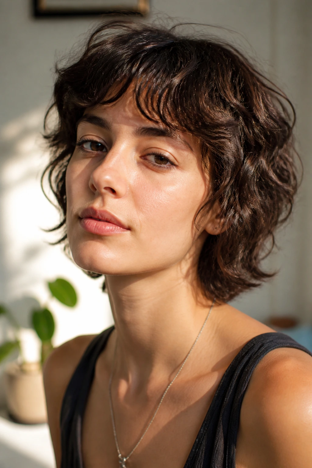 Portrait of a real person with a short shag on wavy hair in sunlit room.