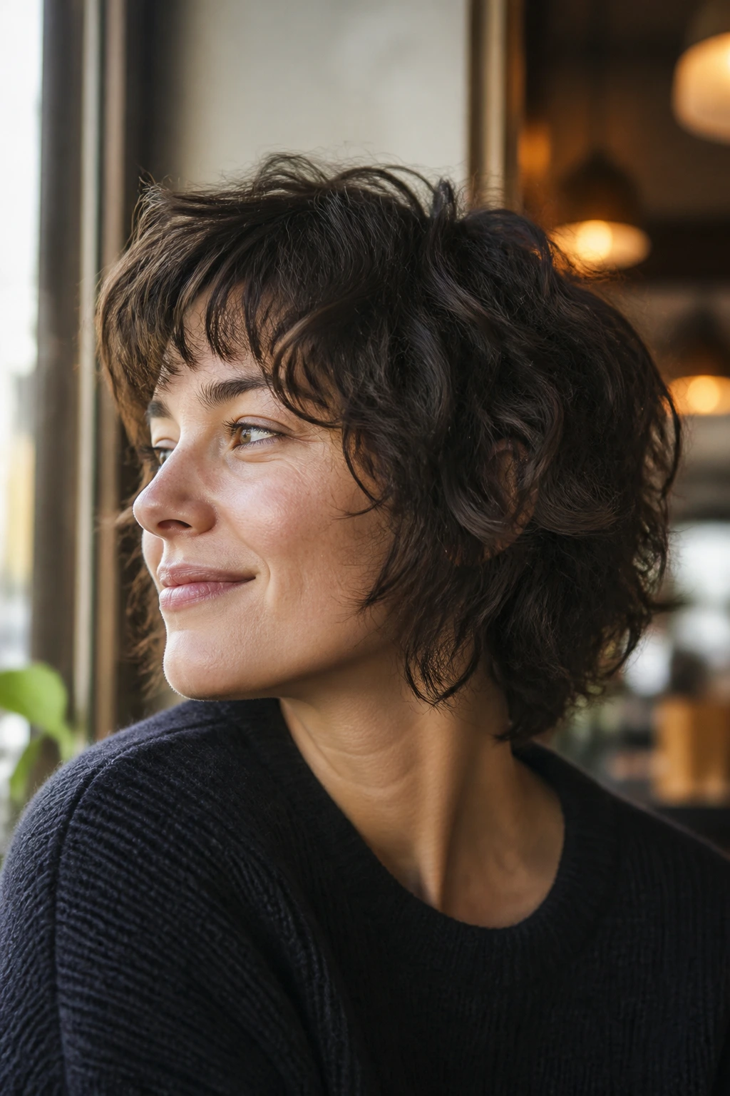 Portrait of a real woman with a short shag showing lifted crown and visible waves