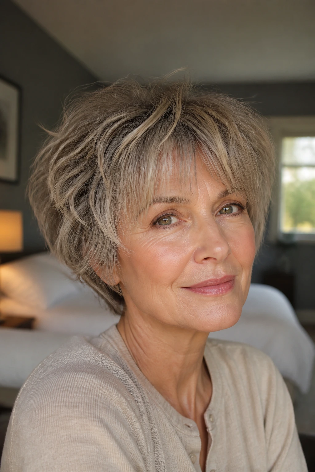 Close-up portrait of a real woman with a wispy fringe and short shag in warm bedroom light