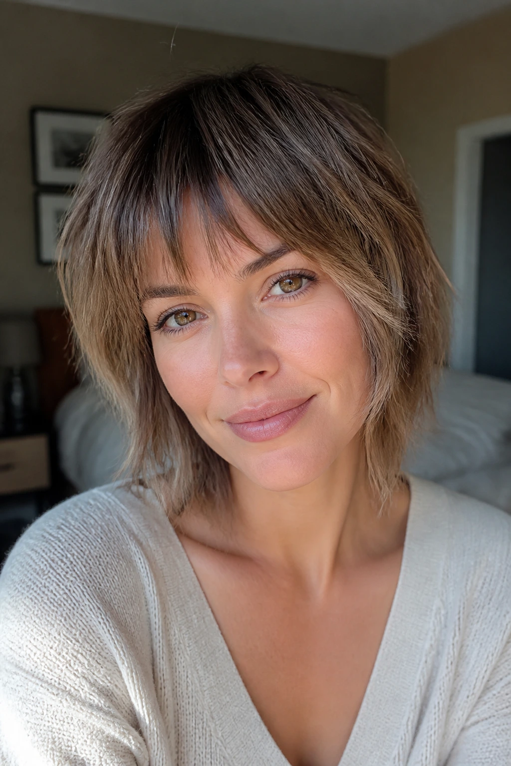 Close-up portrait of a real woman with short shaggy bangs and face-framing layers in natural light.