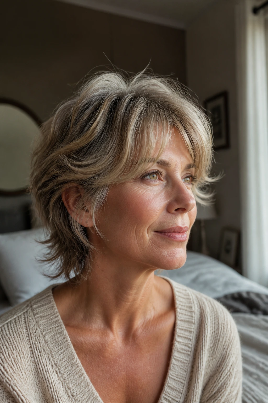 Close-up of a real woman with a short shaggy cut and curtain bangs in natural light