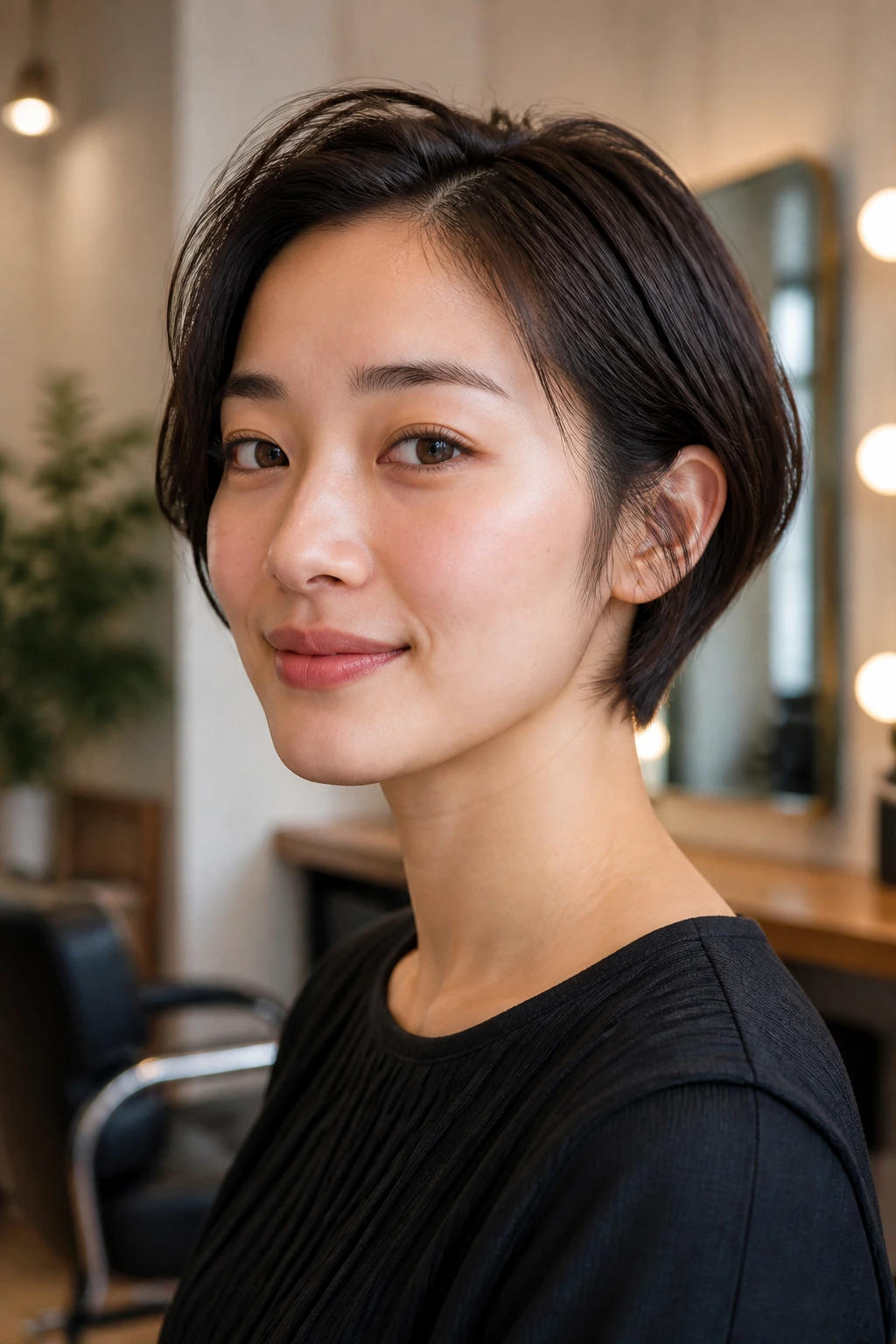 Portrait of a person with a right short shape hairstyle without fringe, forehead visible.