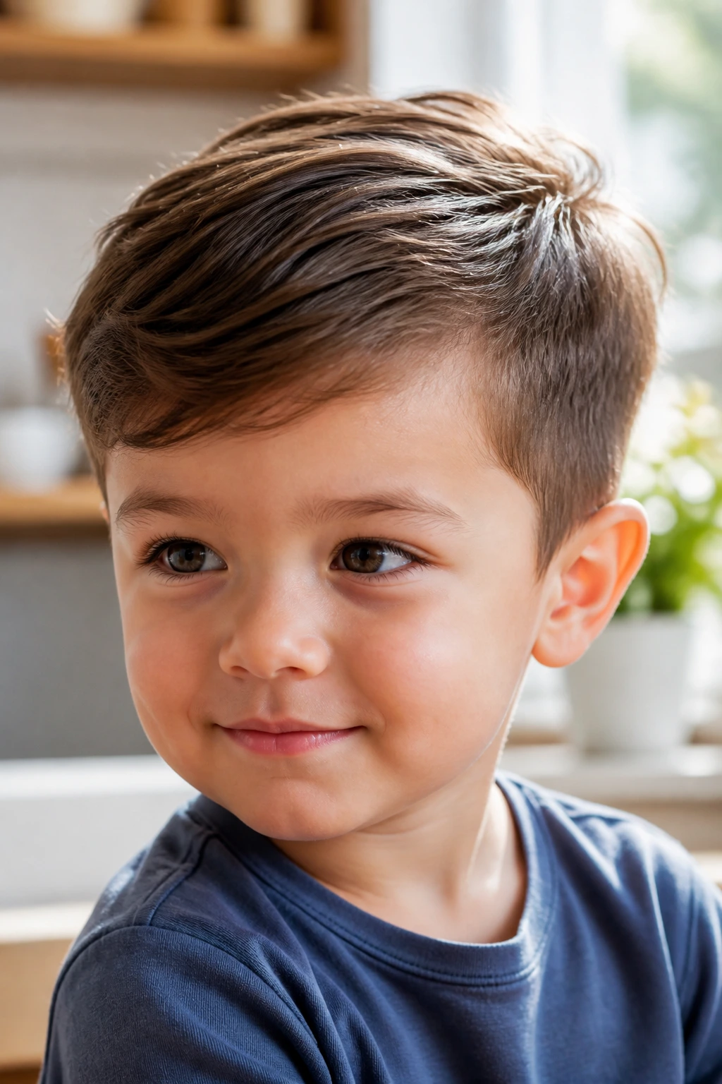 Close-up of a toddler boy with Short Side-Swept Fringe hairstyle in a home setting