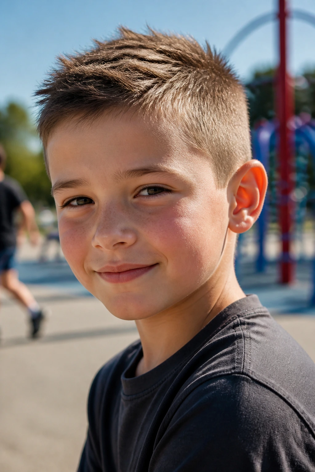 Close-up portrait of a real boy with a short spiky crop and irregular spikes.