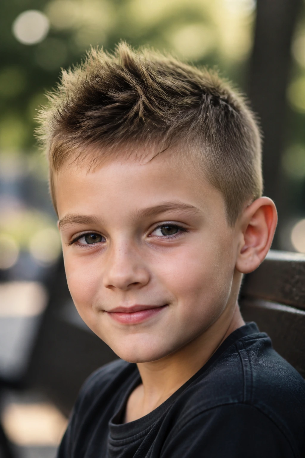 Real boy with short spiky cut hairstyle in outdoor daylight.