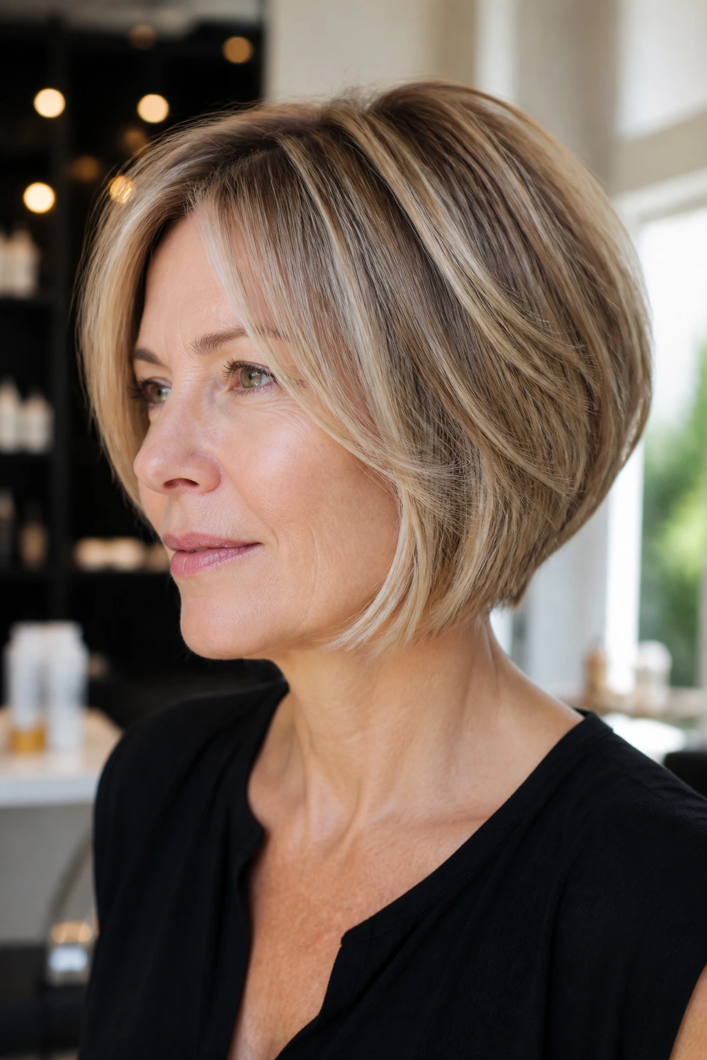 Close-up portrait of a real woman with a short stacked bob on fine hair, lift at the nape.