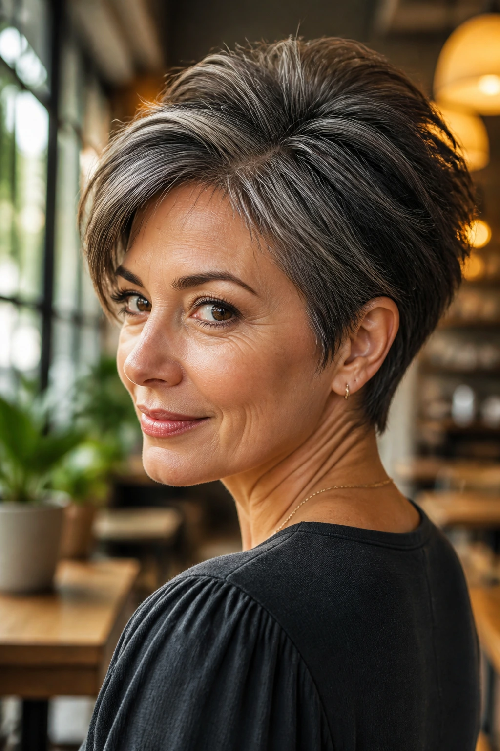 Close-up of a real woman with a short stacked crop and silver roots blending into brunette.