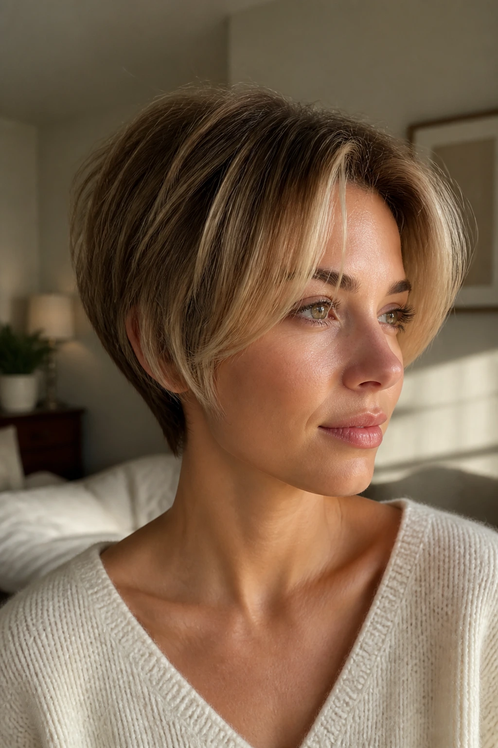 Close-up portrait of a real woman showing short stacked haircut with curtain bangs highlighting crown shape and soft fringe
