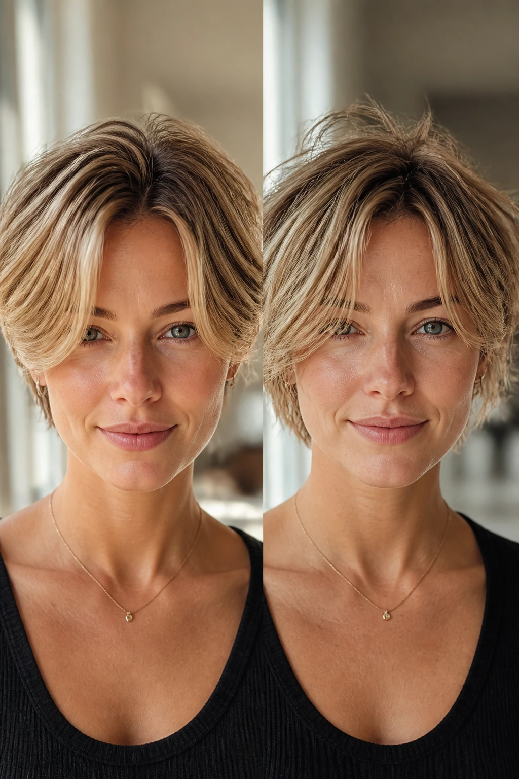 Portrait of a woman with short stacked cut and curtain bangs styled for day one