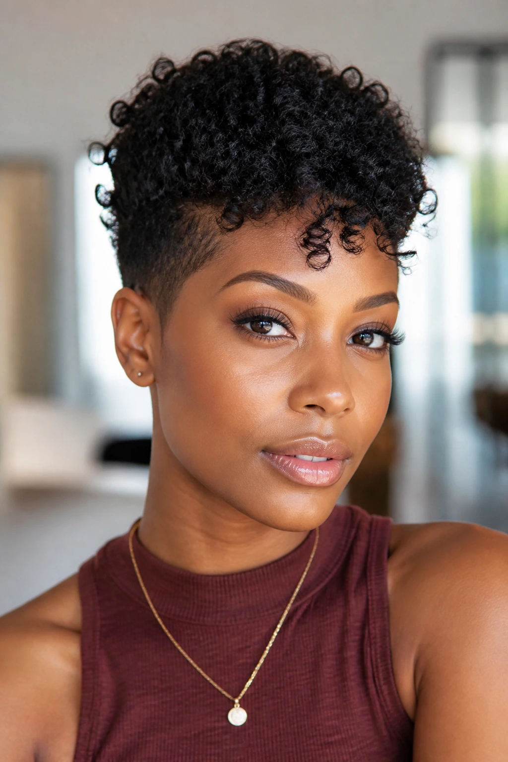 Close-up of a real person with short tapered curls