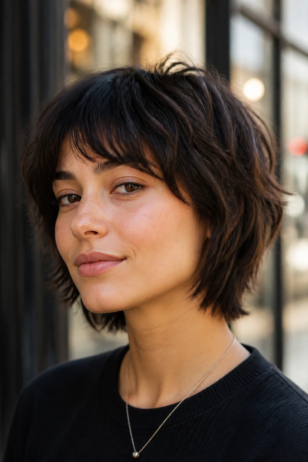 Close-up portrait of a real woman with short tapered shag in an urban outdoor setting