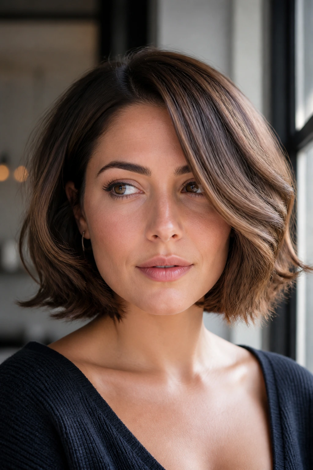 Real woman with short thick bob styled with lowlights