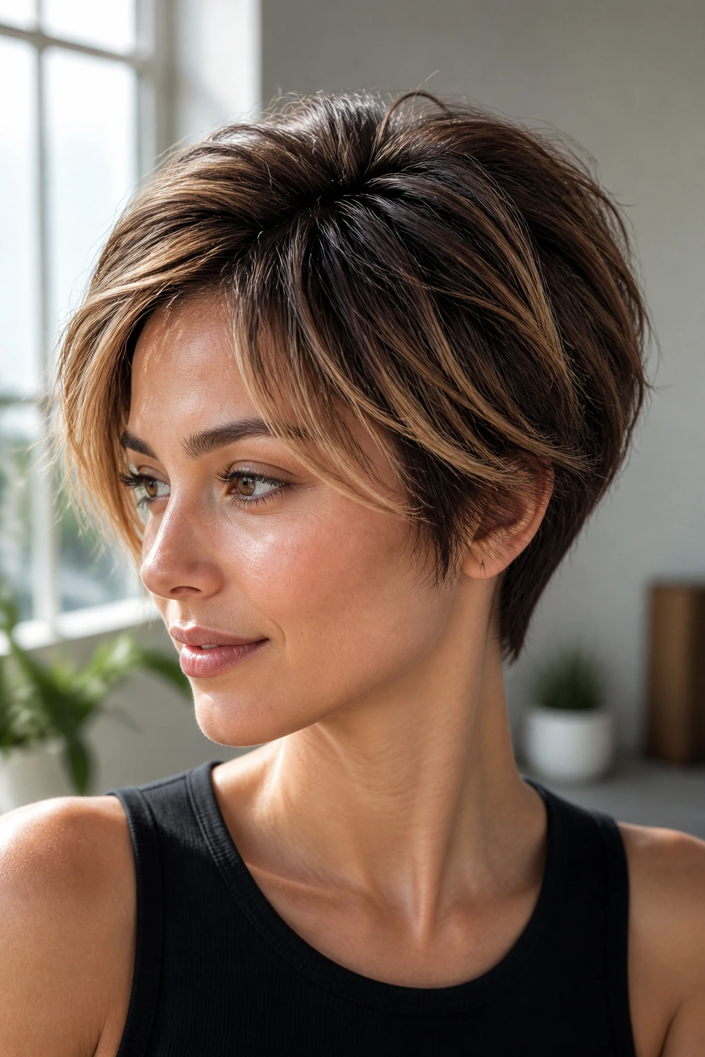 Close-up of a real person with short thick hair showing lift and bend
