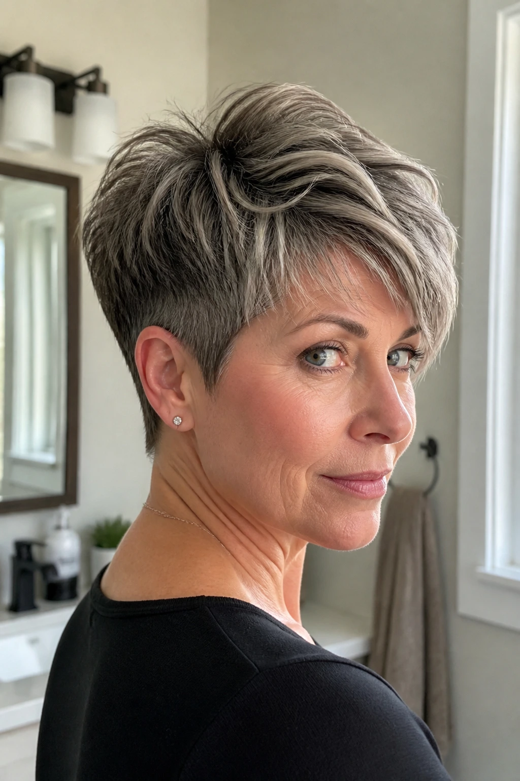 Portrait of a woman with a tidy short thick haircut showing a clean neckline