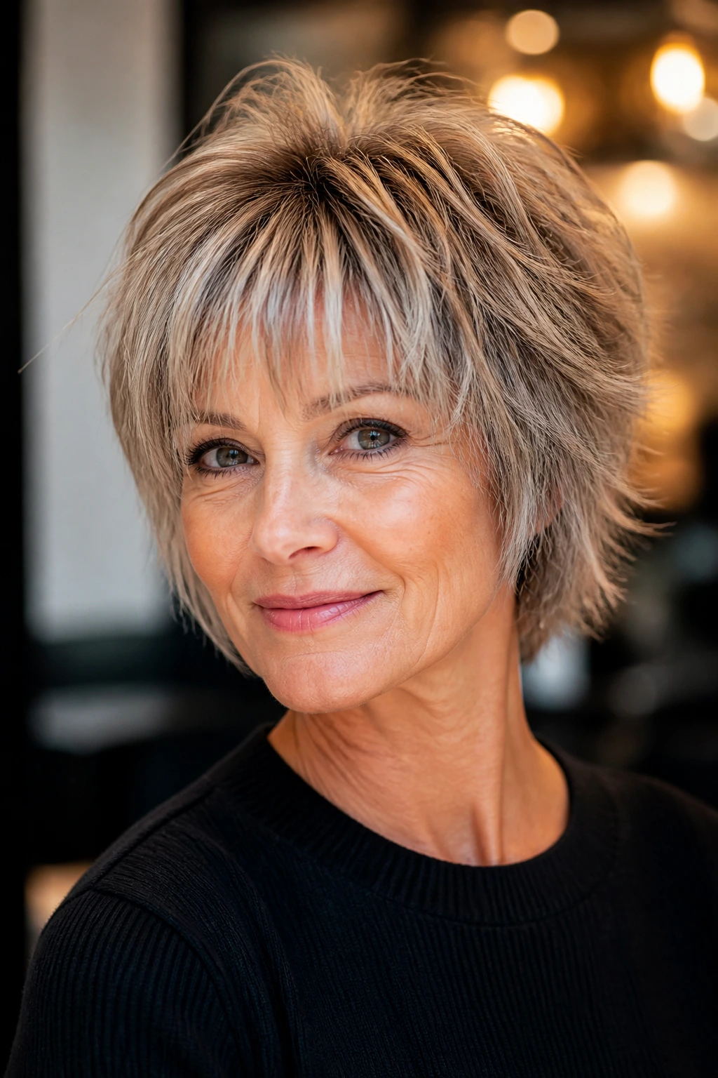 Close-up of real woman with short thinning shag haircut, crown lift, warm light
