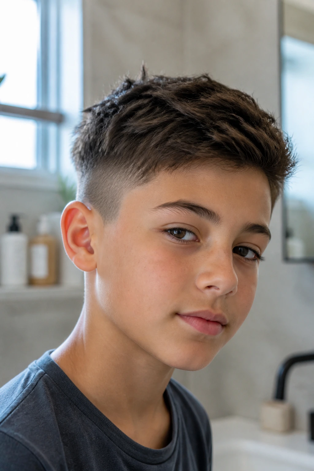 Close-up of a real boy with a low-maintenance short top undercut