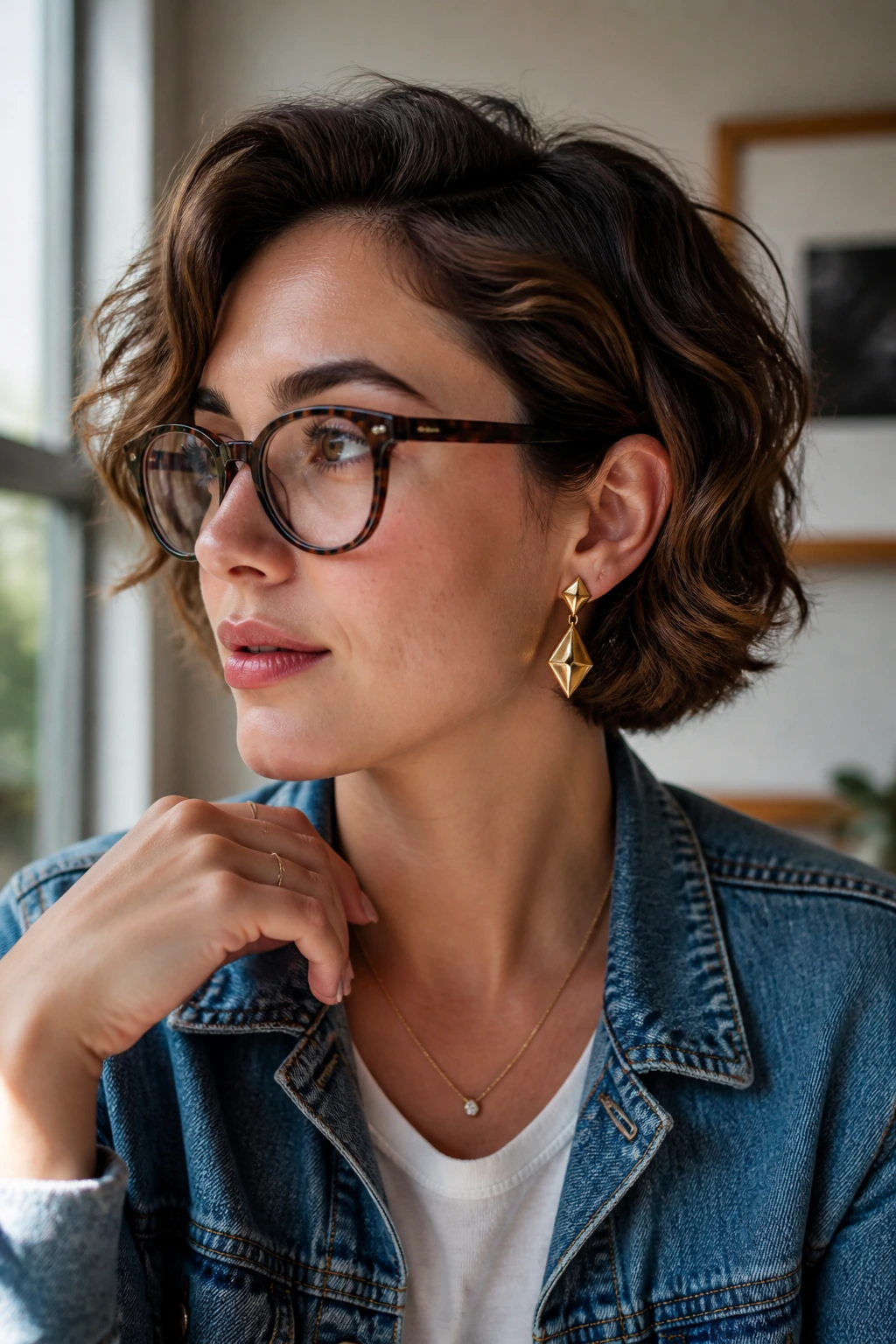 Portrait of a woman with a short wavy bob wearing glasses and a bold earring
