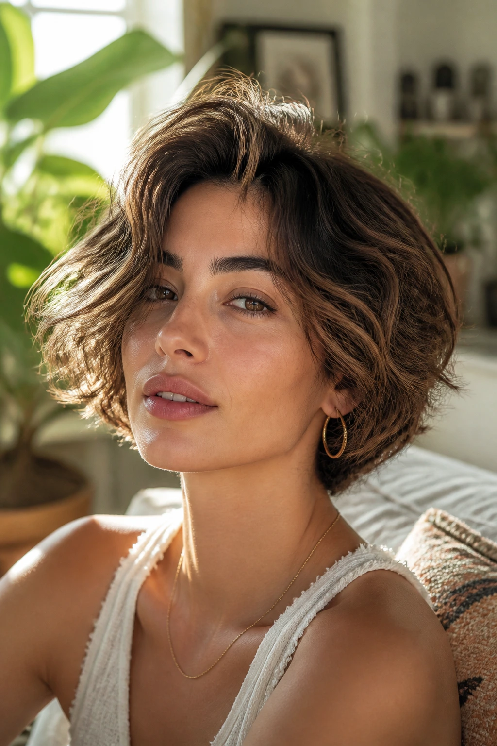 Close-up of a woman with short waves and a short cut in a bright home setting