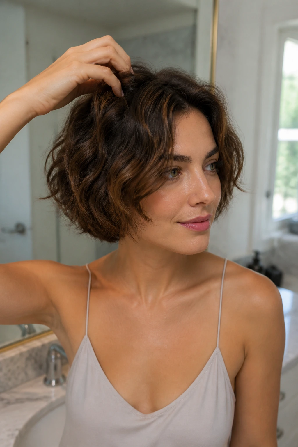 Real woman with a short wavy bob refreshing shape with fingers in a bathroom.