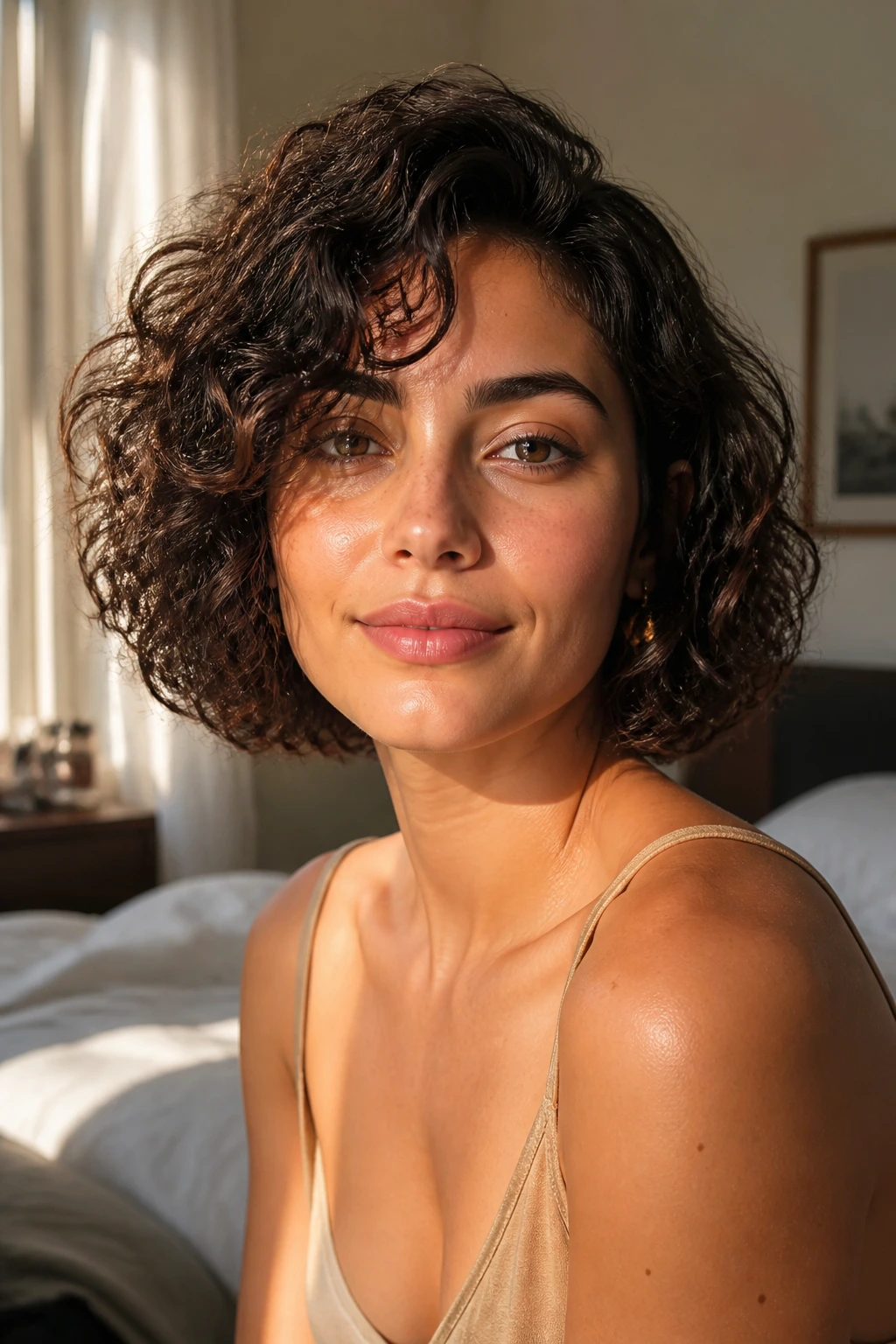 Close-up of a real woman with a short wavy bob that flatters an oval face in warm window light