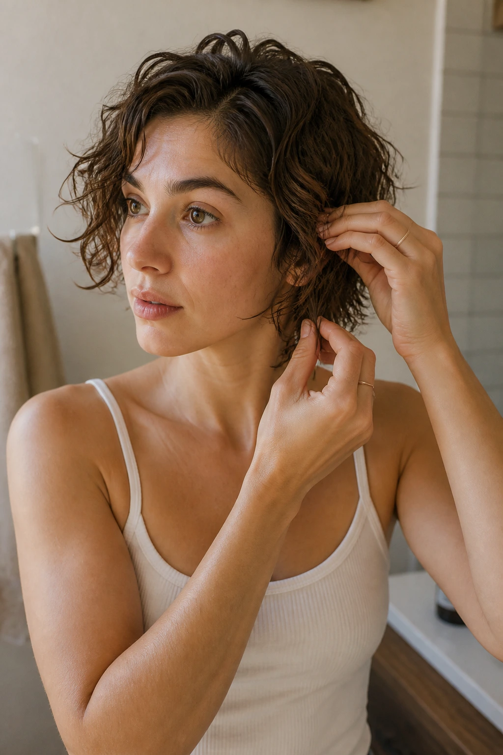 Woman styling a short wavy bob in warm bathroom light.