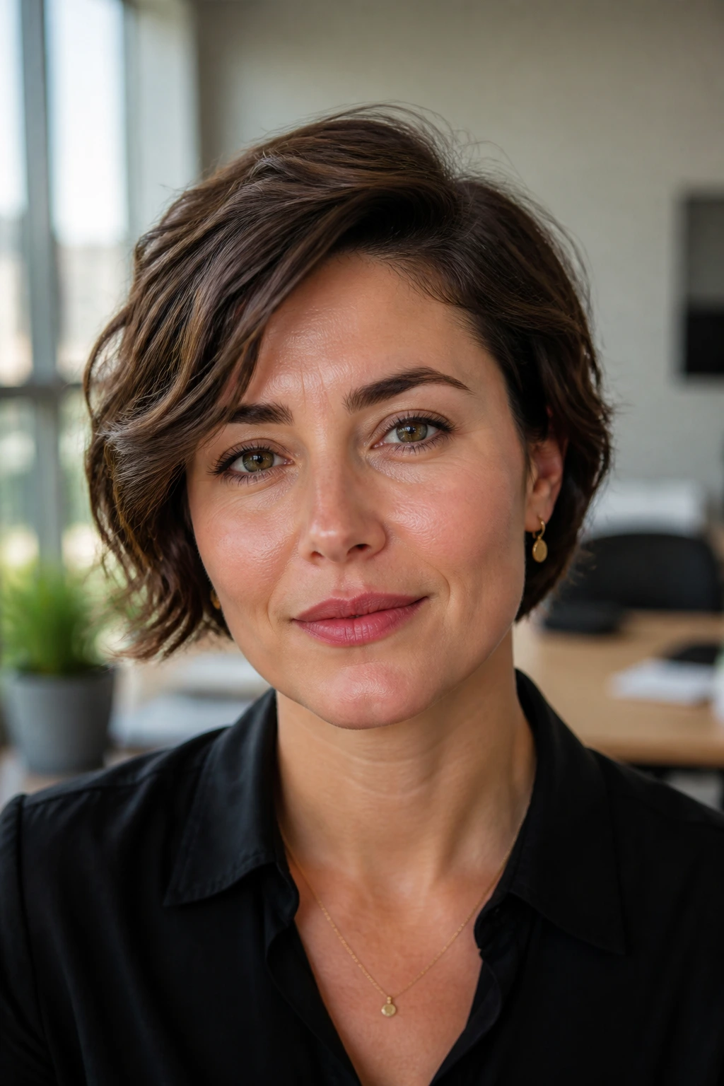 Close-up of a real woman with a short wavy hair in an office setting showcasing the Office-Soft Variation