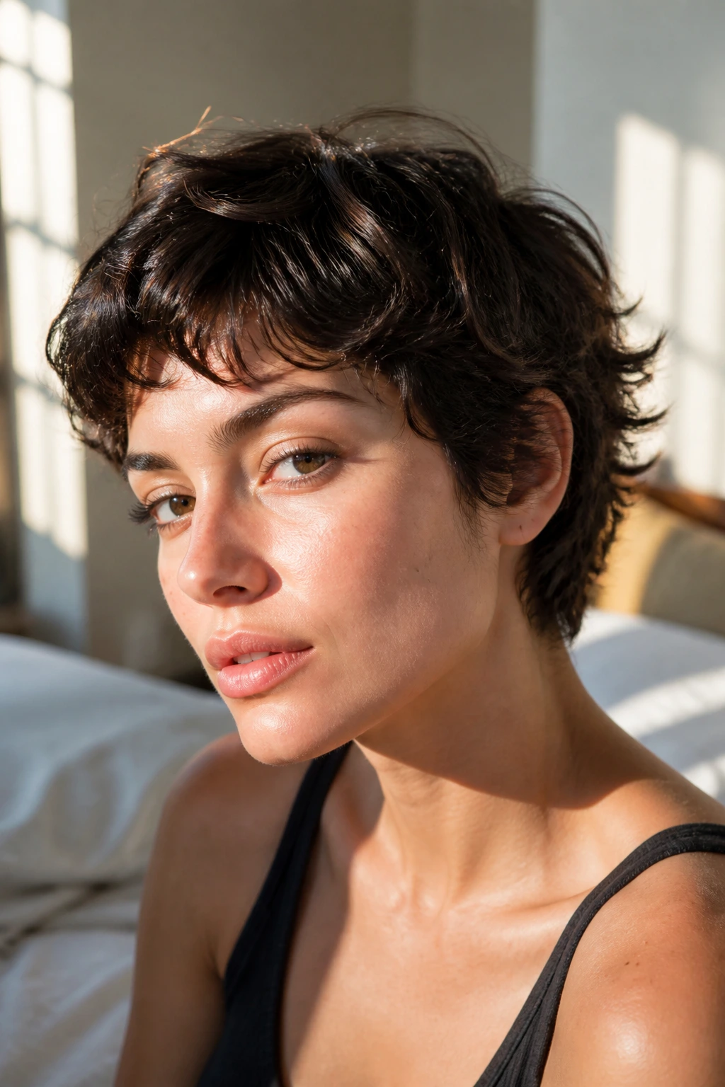Close-up portrait of a real woman with short wavy hair showing natural bend and clean silhouette.