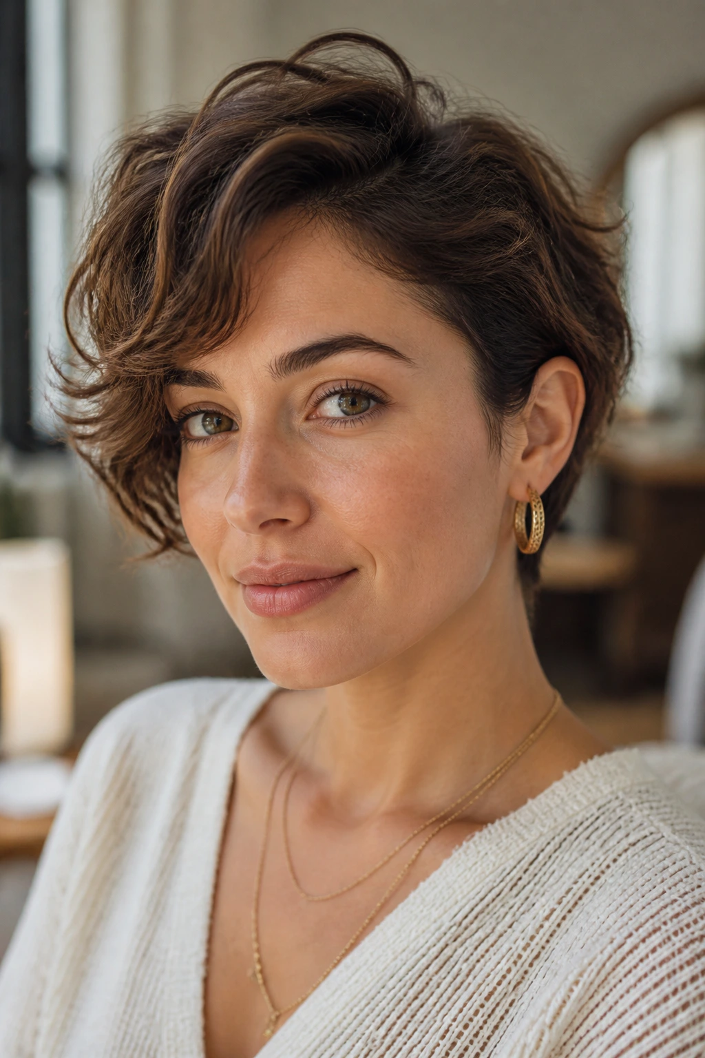 Portrait of a real woman with short wavy hair styled to wear these looks