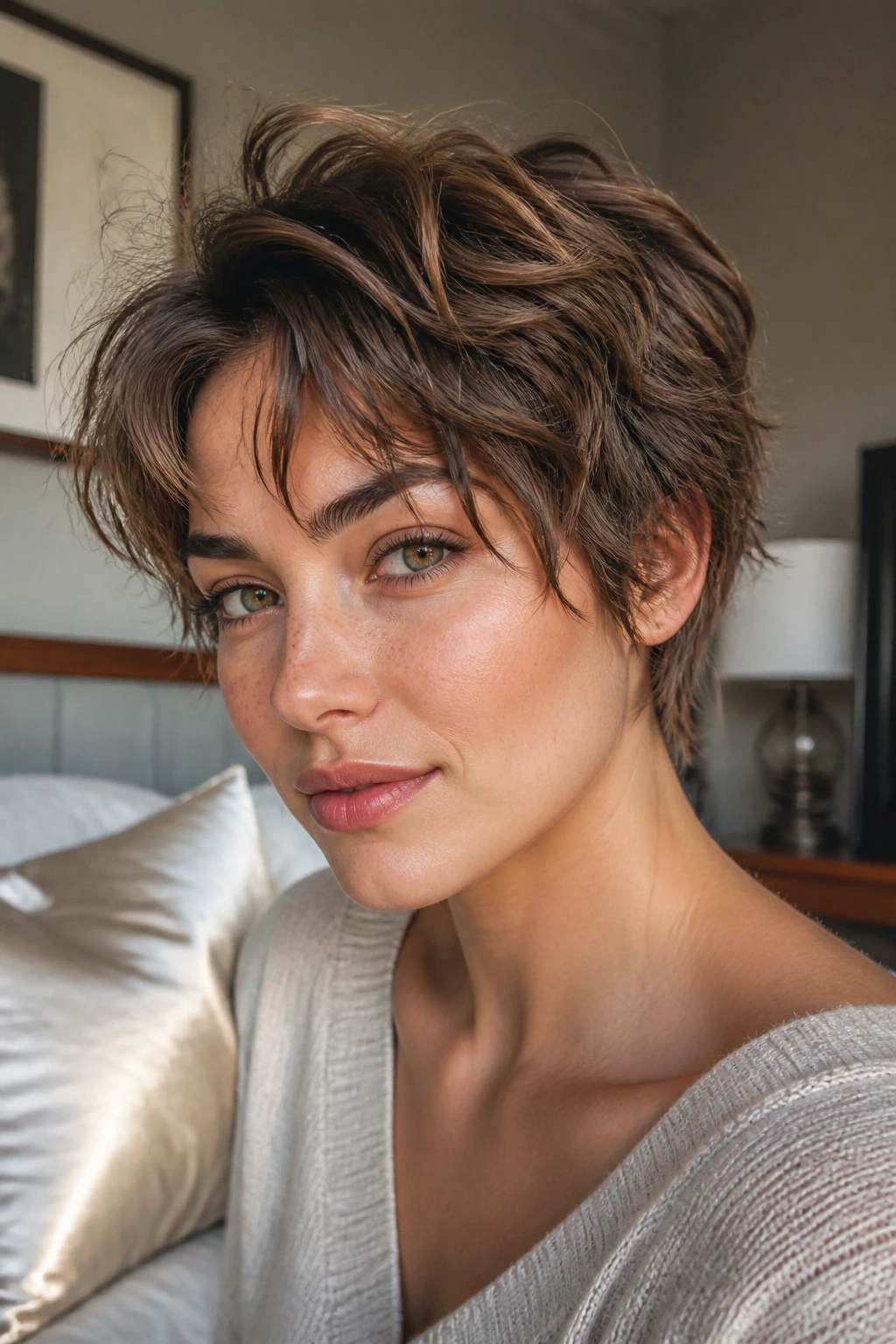 Real woman with fresh short wavy hair in a bedroom setting emphasizing between-wash refresh routines