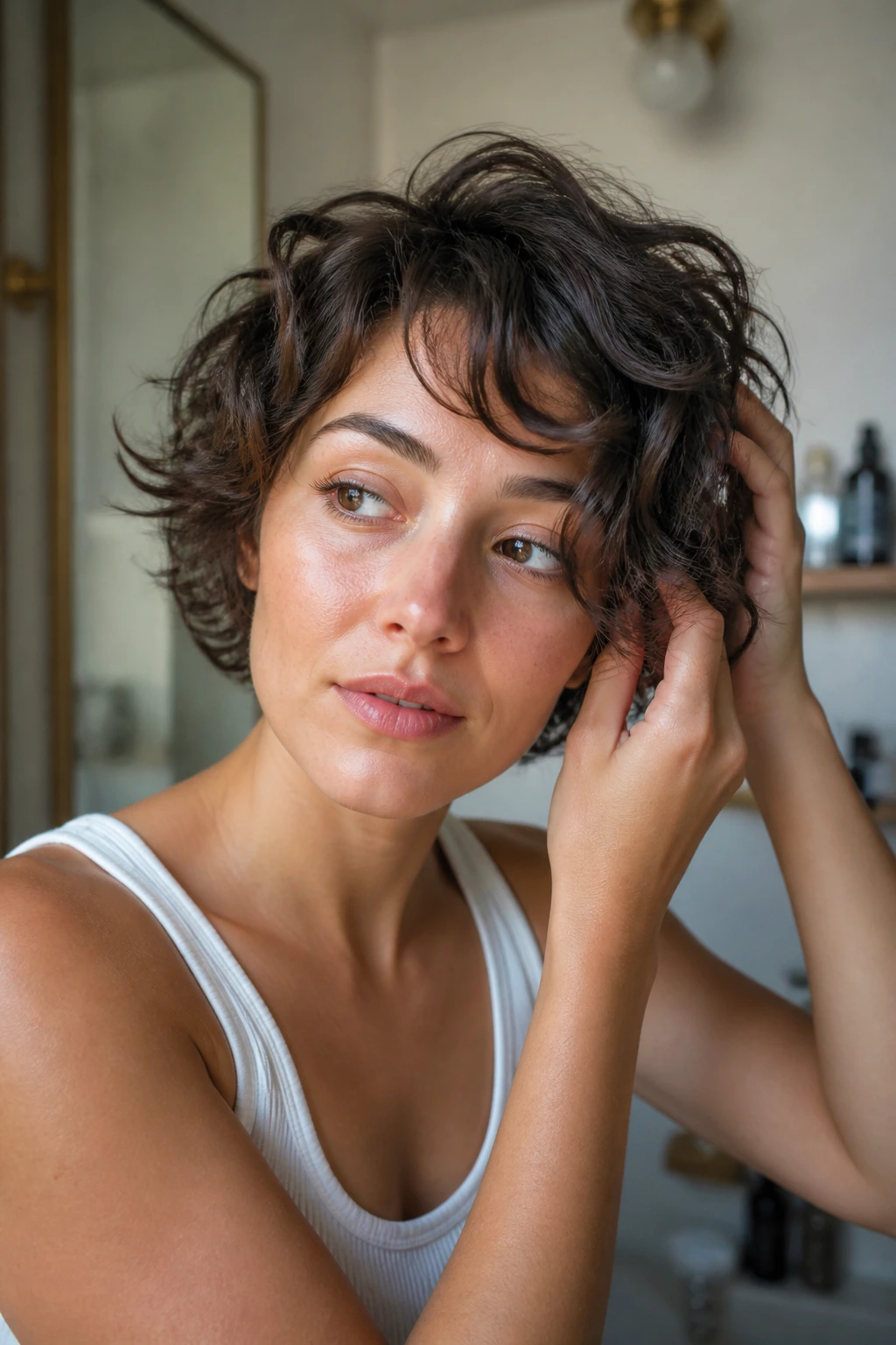 Portrait of a real woman styling short wavy hair with scrunching