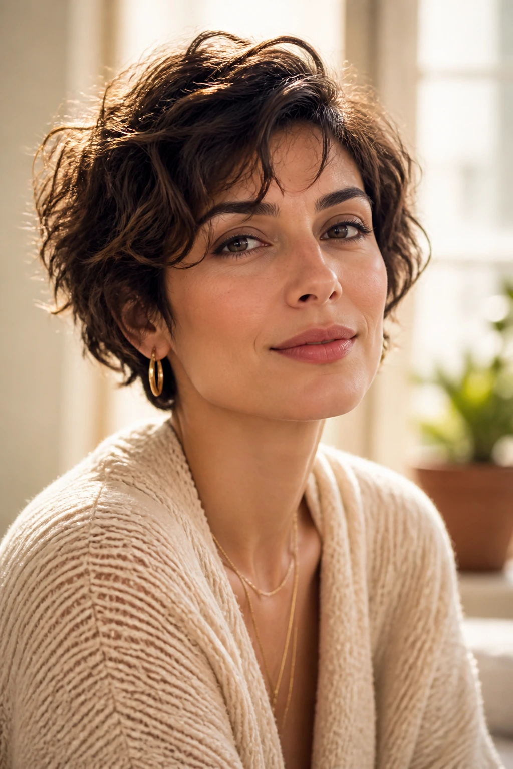 Portrait of a real person with a face-framing short wavy hairstyle