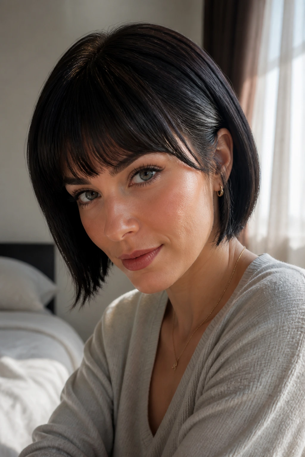 Close-up portrait of a real person wearing a short bang wig with fringe aligned to brows