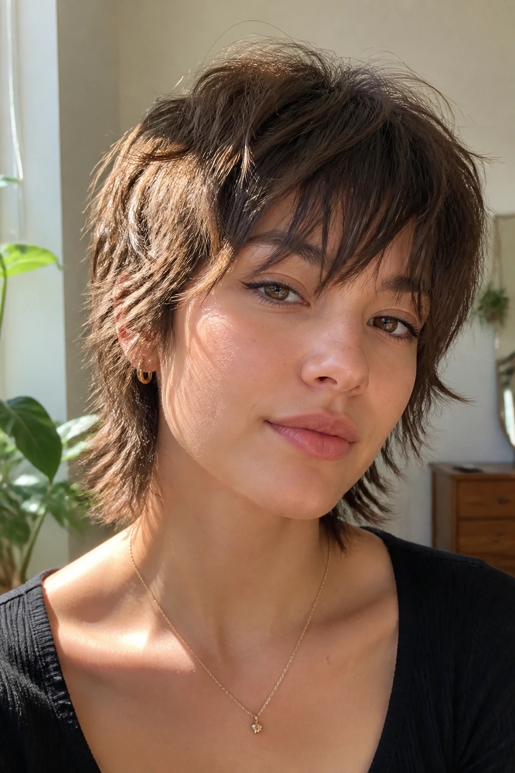 Close-up of a real person with a short wolf cut and air-dried texture