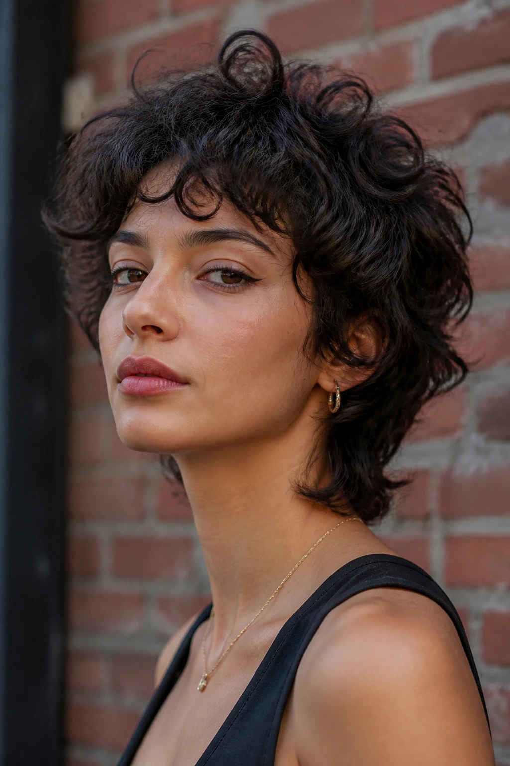 Real woman with a short wolf cut, voluminous crown and choppy curls.