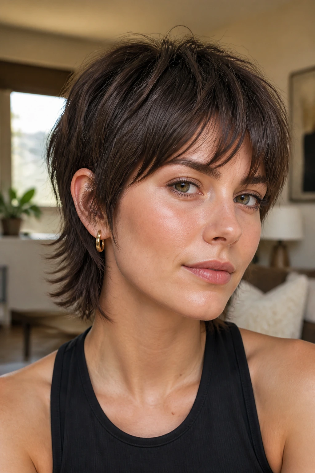 Close-up portrait of a real woman with a Short Wolf Cut hairstyle in natural light