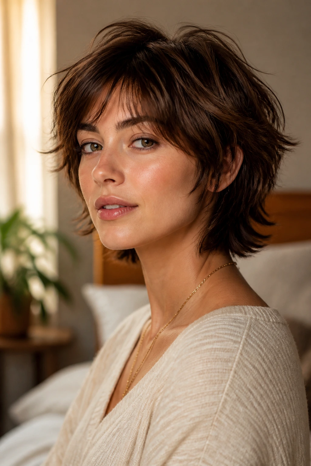 Close-up portrait of a real woman with a short wolf cut and airy crown layers