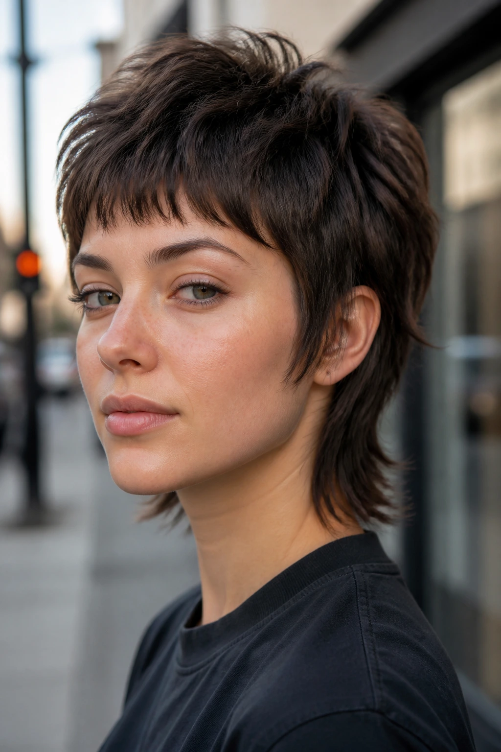 Woman with short wolf cut and tapered crown in urban daylight
