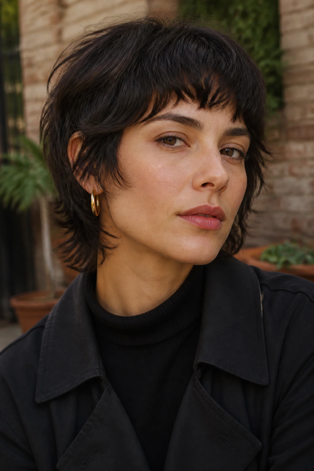Portrait of a woman with a short wolf cut in natural daylight