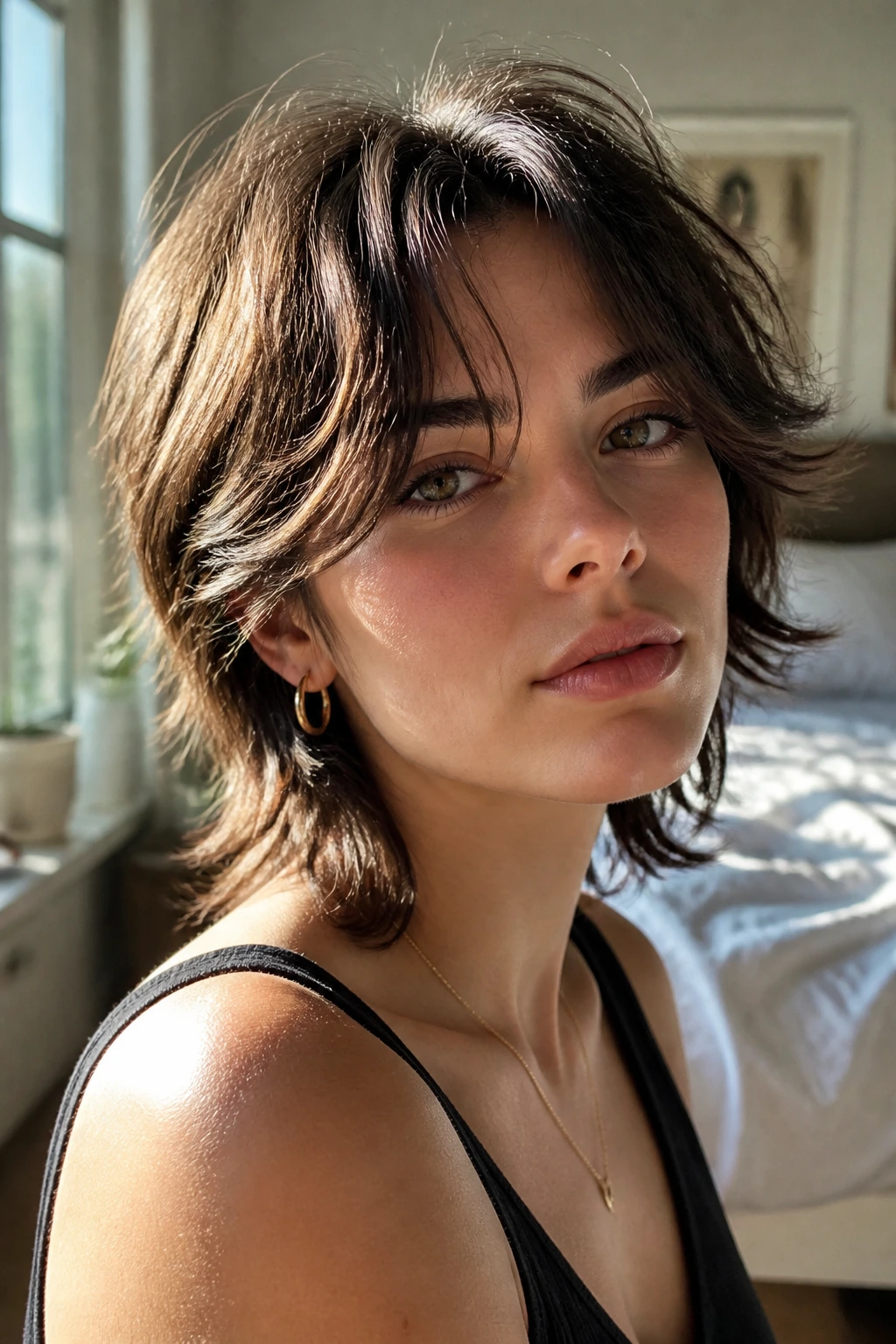 Close-up portrait of person with short wolf cut and wispy curtain fringe