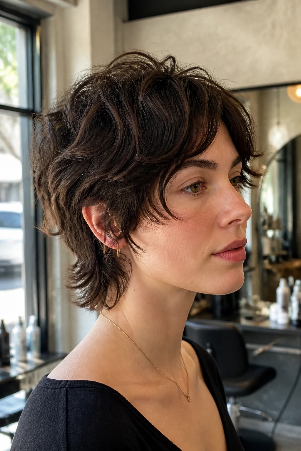 Real woman demonstrating short wolfcut behavior on wavy hair in salon light