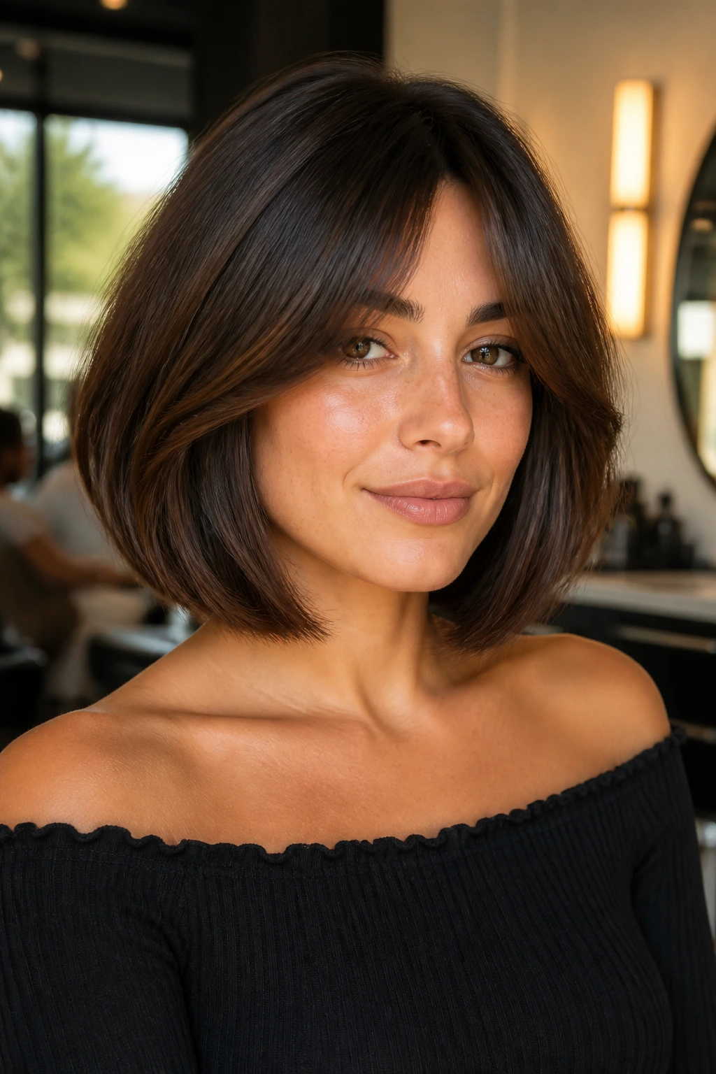 Close-up of a real woman with a thick medium bob and full ends