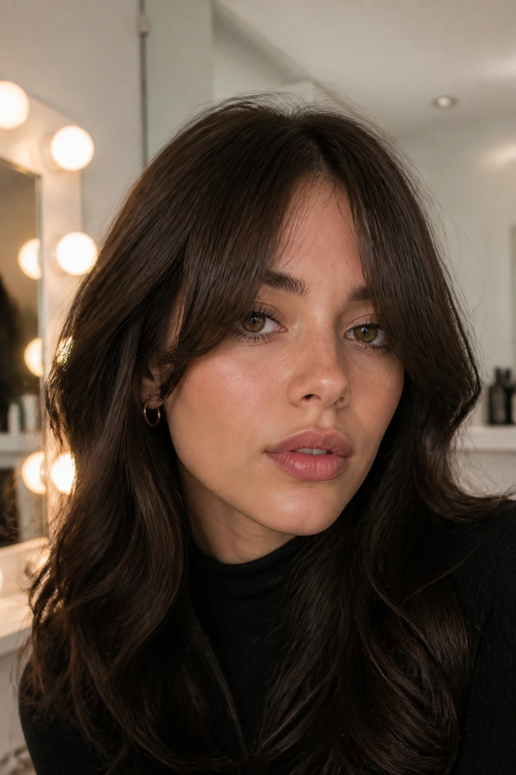 Close-up of a real woman with shorter cheekbone curtain bangs framing the eyes.