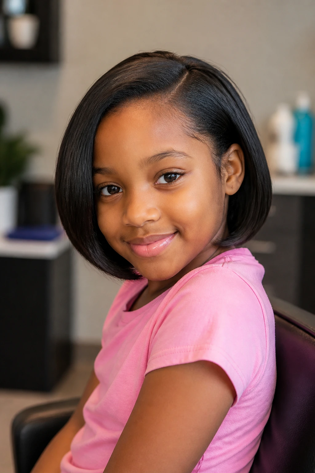 Close-up of real child with shorter sew-in bob showing minimal crown bulk