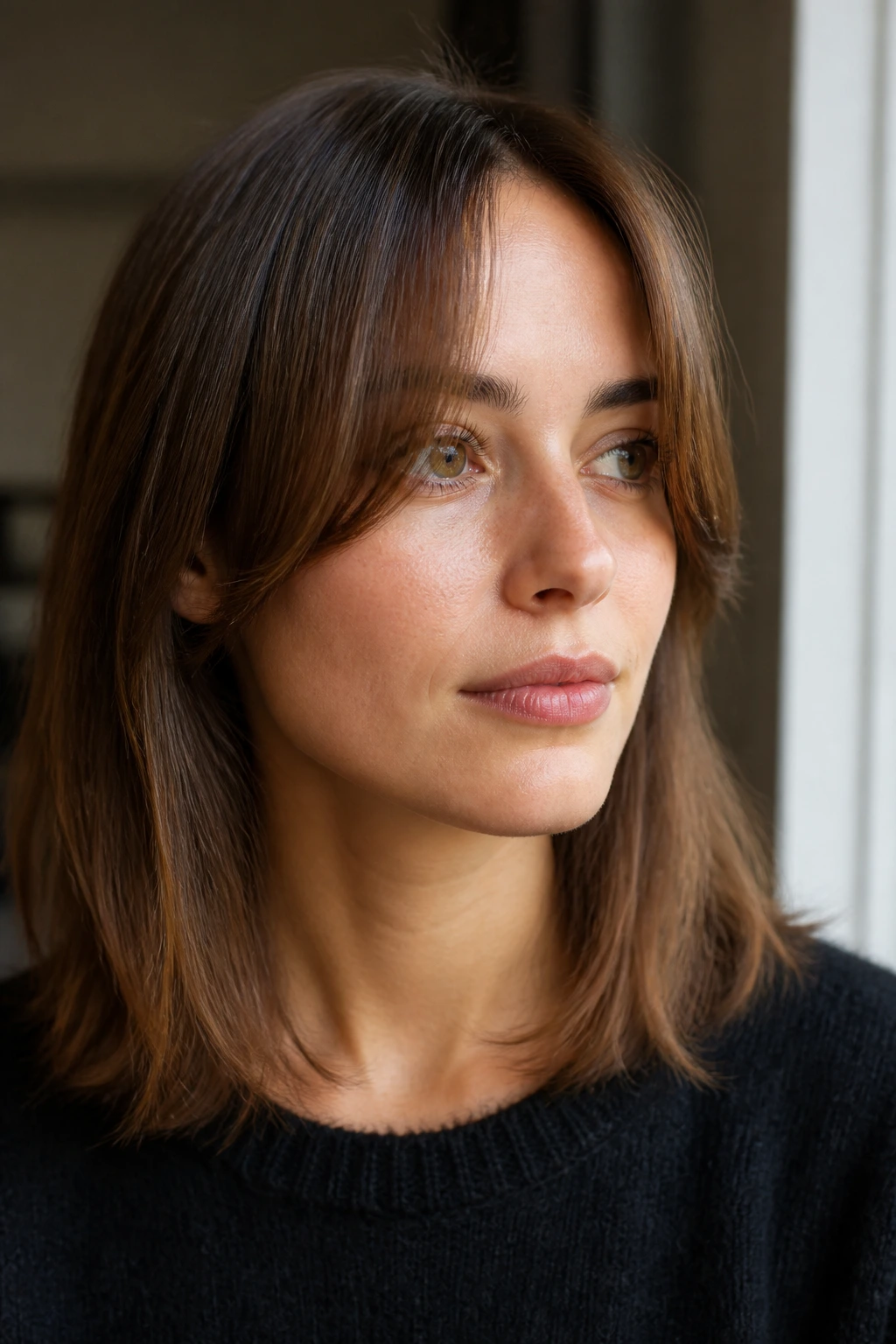 Close-up of a woman with the shortest fringe piece sitting high on the face
